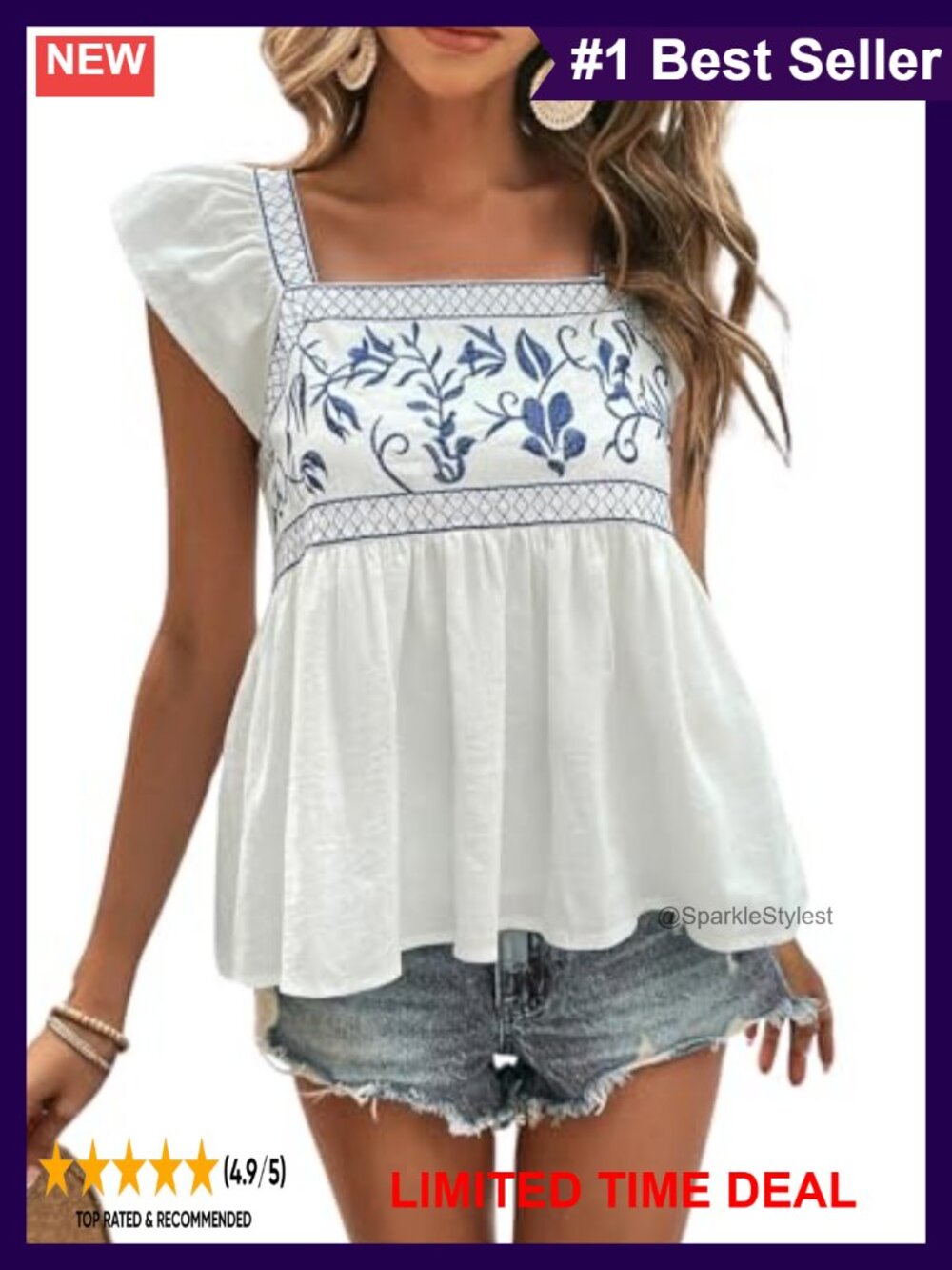 Ruffle Cap Sleeve Floral Embroidery Square Neck Tank Loose Fit Blouse